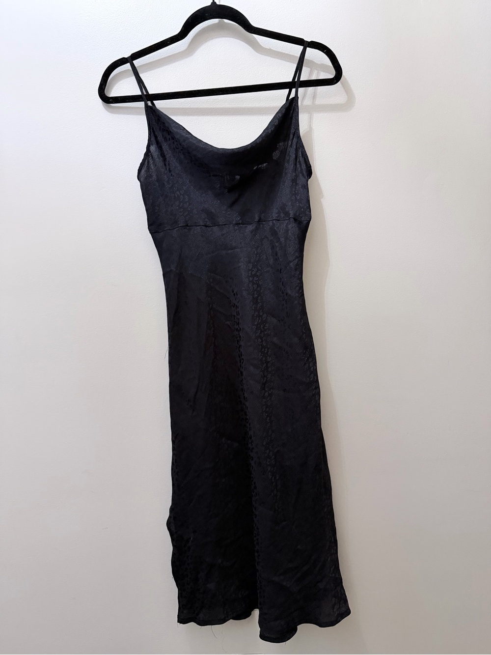 Y2K Black Cheetah Leopard Print Jacquard Slip Little Black Midi Dress Draped S